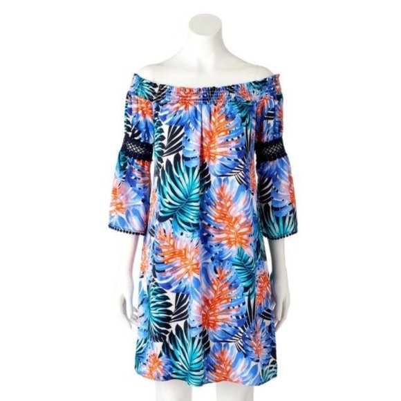 Women/'s Jennifer Lopez JLO Off-the-Shoulder Smocked Dress Tropical Print NWT
